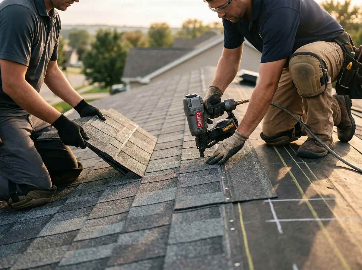 Professional roofer working on a residential roof in Triangle